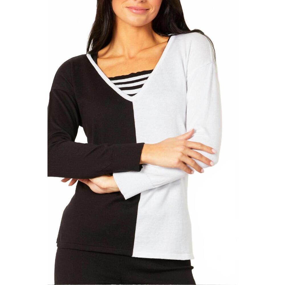 NEW ANGEL APPAREL two-tone stripe detail top in black/white